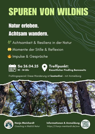 Grafik zur Veranstaltung „Spuren von Wildnis“. Oben steht: „Natur erleben. Achtsam wandern.“
Darunter folgen drei Stichpunkte mit Icons: „Achtsamkeit & Resilienz in der Natur“, „Momente der Stille & Reflexion“ und „Impulse & Gespräche“.
Infos zum Termin: Samstag, 26.04.2025, 10–14 Uhr, Treffpunkt: Eiszeitlicher Findling Bannewitz.
Hinweis: Die Wanderung ist kostenfrei – mit Anmeldung.
Unten ist ein Foto von einem lichten Wald mit hohen Kiefern und blauem Himmel. Logo und Kontakt von Hanjo Meinhardt: Coaching in Wald & Natur.