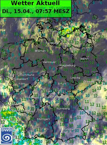 Satellitenbild von Deutschland vom 15.04.2025 08 Uhr MESZ. Überlagert dargestellt sind Radarechos und 2-Meter-Temperaturen.
