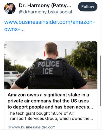 Amazon owns a significant stake  in a privately owned airline that the US uses to deport people and has been accused…
The tech giant bout 19.5% of Air Transport services group…
Business Insider 
Photo of the back of an ICE officer with vest reading POLICE ICE