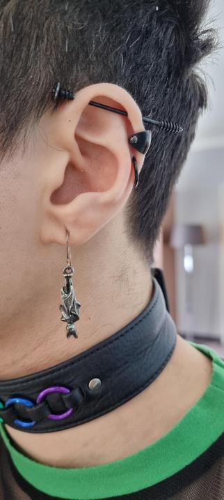 A close up of the side of someone with light olive skin's head, but not their face You can see them wearing a black leather collar, a silver hanging bat earring, a black industrial screw earring, a black ear cuff and a plain black helix loop in their ear.