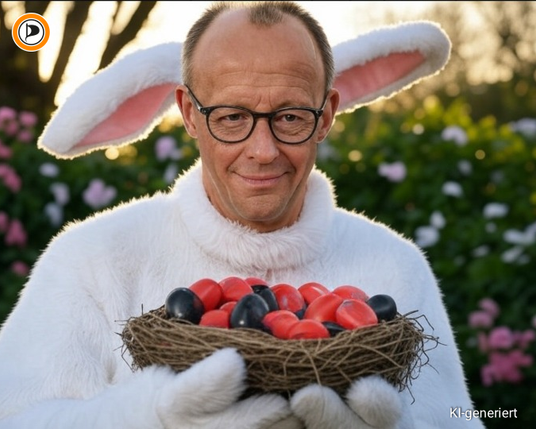 !B Merz als Osterhase mit Nest mit roten und schwarzen Ostereiern