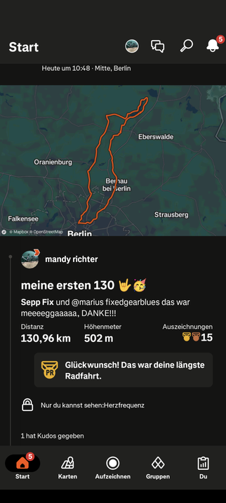 Das ist ein Strava Screenshot von meiner heutigen Radtour. 130 km von Berlin um den Werbellinsee und zurück. Eine Pace.von 28km/ h.