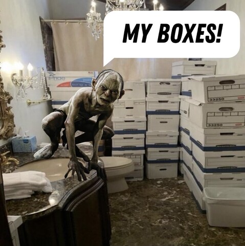 Gollum screaming MY BOXES! in The Chandeliered Shitter.