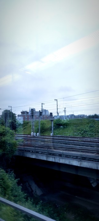 Aus einem Zugfenster fotografiert: haupts. Grünzeug und Schienenkrams mit ein paar Gebäuden in der Ferne, zwischen denen winzig die Turmspitzen des Kölner Doms hervorlugen