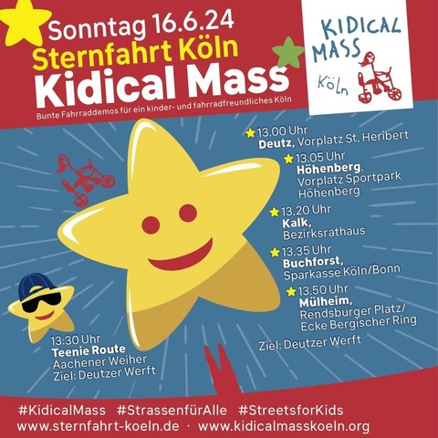harepic der Kidical Mass mit einem großen gelben Stern, der lächelt. Text: Sonntag 16.6.24 Sternfahrt Köln, Kidical Mass, Bunte Fahrraddemos für ein kinder- und fahrradfreundliches Köln