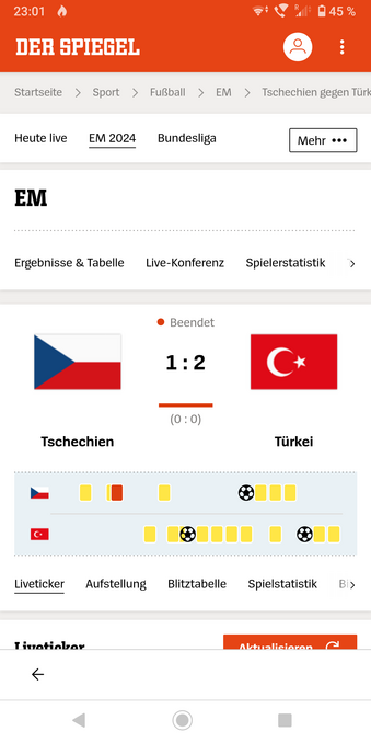 Screenshot von Spiegel online zum Endstand des Fussballspiels Tschechien gegen Türkei 1:2 das fast zwanzig gelbe und eine rote Karte zeigt.. 