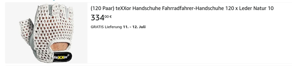 Amazon-Angebot für (120 Paar) teXXor Handschuhe Fahrradfahrer-Handschuhe 120 x Leder Natur 10
334,00€