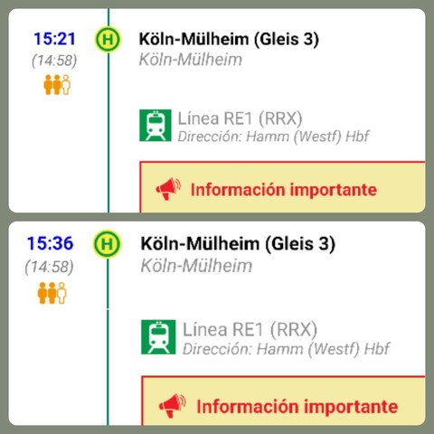 Two screenshots for the 14:58 train - one showing estimated arrival as 15:21 and a second one showing 15:36