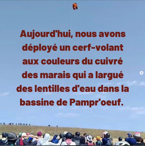 Screenshot Instagram-Post zeigt Proteste gegen ein  Megabassin in Frankreich, bei denen Aktivisti eine n Drachen steigen lassen, um damit Wasserlinsen in das Wasser-Bassin zu bringen. Die Linsen wachsen sehr schnell und sollen die Rohre verstopfen 