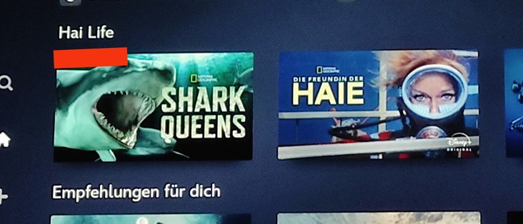 Screenshot Streamingdienst: Eine Filmkategorie mit Dokus über Haie nennt sich 