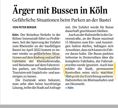Artikel Kölner Stadtanzeiger 24.7. Busse parken auf Rheinuferstraße und gefährden Radfahrende. Verwaltung sieht keine kurtfristige Lösung.
