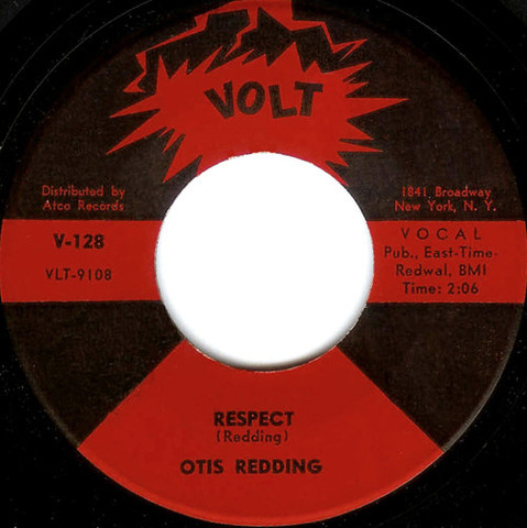 Abbildung eine 45rpm Single in rot und schwarz gehalten. Otis Redding, Respect,verste Version.