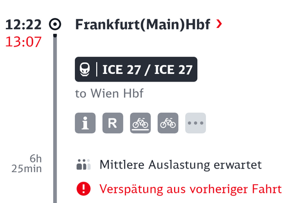 Screenshot showing an ICE train departing 45 minutes late.