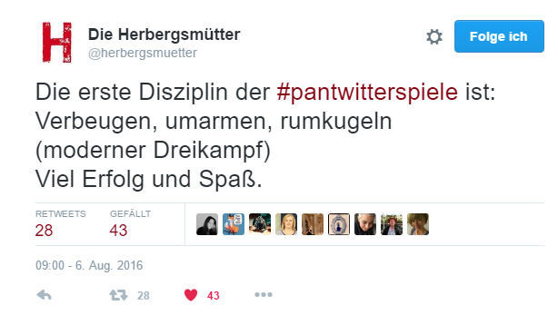 Tweet, der auf die erste Disziplin der #Pantwitterspiele hinweist: Verbeugen, umarmen, rumkugeln (moderner Dreikampf)