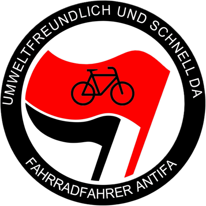 Antifa-Sticker mit dem Text: UMWELTFREUNDLICH UND SCHNELL DA, FAHRRADFAHRER ANTIFA 