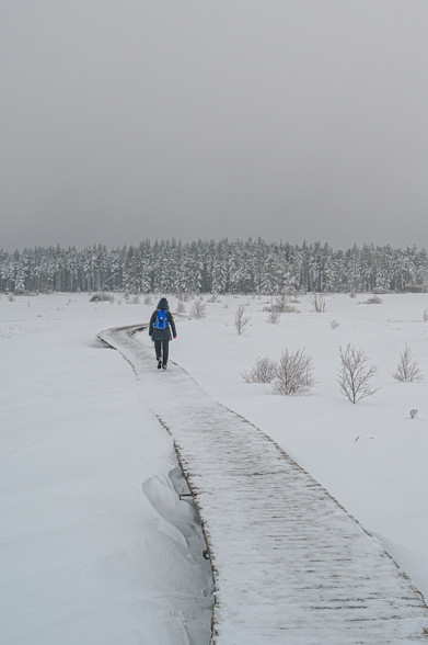 Eine Frau mit einem Rucksack geht auf einem Holzsteg durch das tief verschneite Hohe Venn bei Baraque Michel in Belgien. Die Stege sind die einzigen Wege durch das Hochmoor. Der Weg führt in Bögen durch das Moor, das auf dem Foto komplett vom Schnee bedeckt ist.
Im Hintergrund ist ein Wald, mit verschneiten Bäumen, zu sehen.