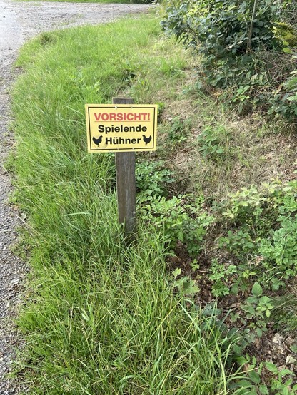 Schild im Sauerland mit Aufschrift „VORSICHT! Spielende Hühner“