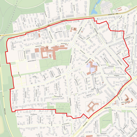 Auf dem Foto ist eine Karte mit einem in Rot gekennzeichneten Evakuierungsraadius zu sehen. Auf der Karte ist ein Teil des Stadtteils Lindenthal zu sehen.