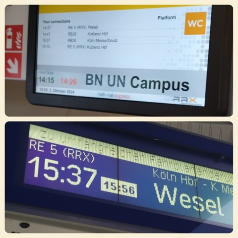 Two pictures of electronic announcements showing delays of 10 and 20 minutes respectively.