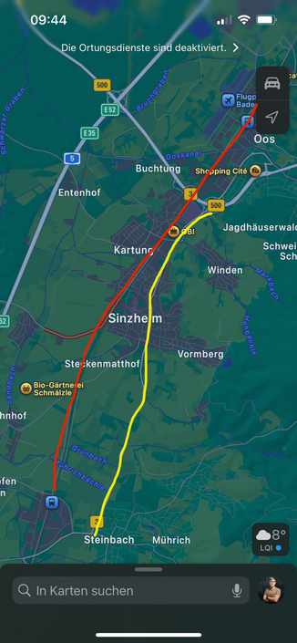 Karte von Sinzheim mit der neuen Umgehungsstraße B3 bei (rot) und der alten/aktuellen, B3 (gelb)