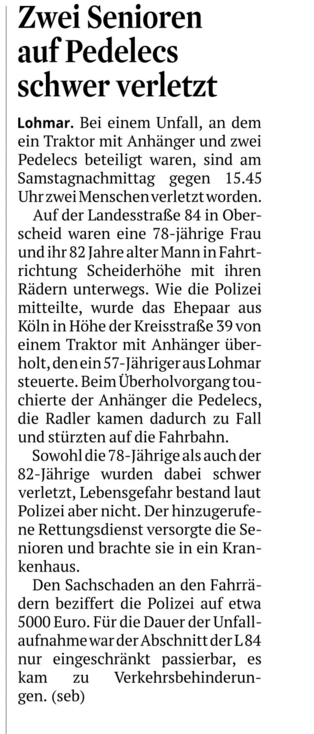 Artikel Kölner Stadtanzeiger vom 7.20. Traktorgespann überholt Pedelec Fahrer*innen, das führt zu Sturz mit Verletzungen.