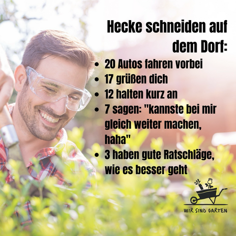 Ein Mann schneidet eine Hecke, Text, siehe Caption