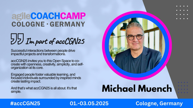 Light blue background, blue pinkish logo of the event #accCGN25 with picture of man with black glasses in a round blue pink frame.   