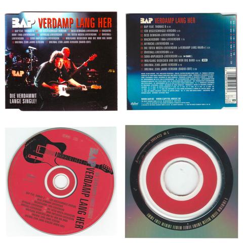 Die BAP  Maxi-CD „Verdamp lang her - Die verdamp lange Single" mit zehn verschiedenen Aufnahmen des Songs: Cover, Cover-Rückseite und beide Seiten der CD.