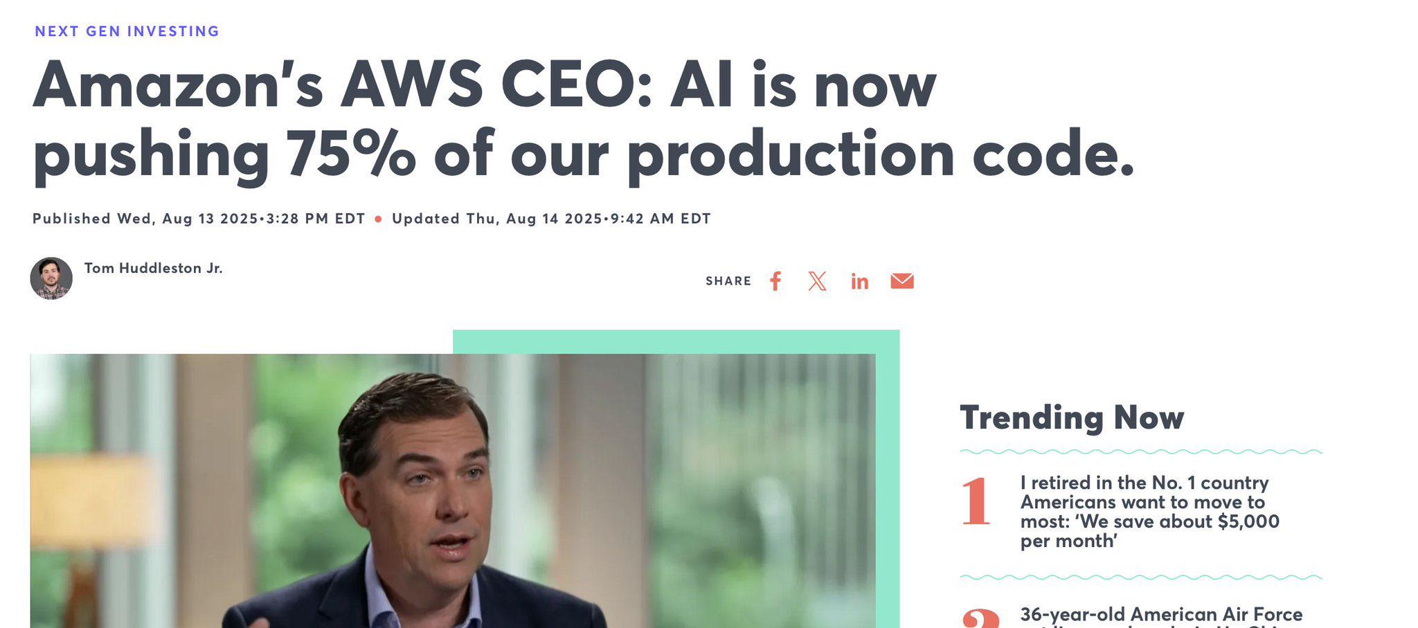 Screenshot einer News-Seite vom 13.8.2025 mit der Schlagzeile: "Amazon’s AWS CEO: AI is now pushing 75% of our production code"