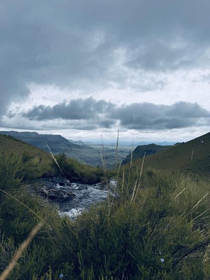 A lush green valley with a small stream flowing through it, surrounded by rolling hills under a cloudy sky.