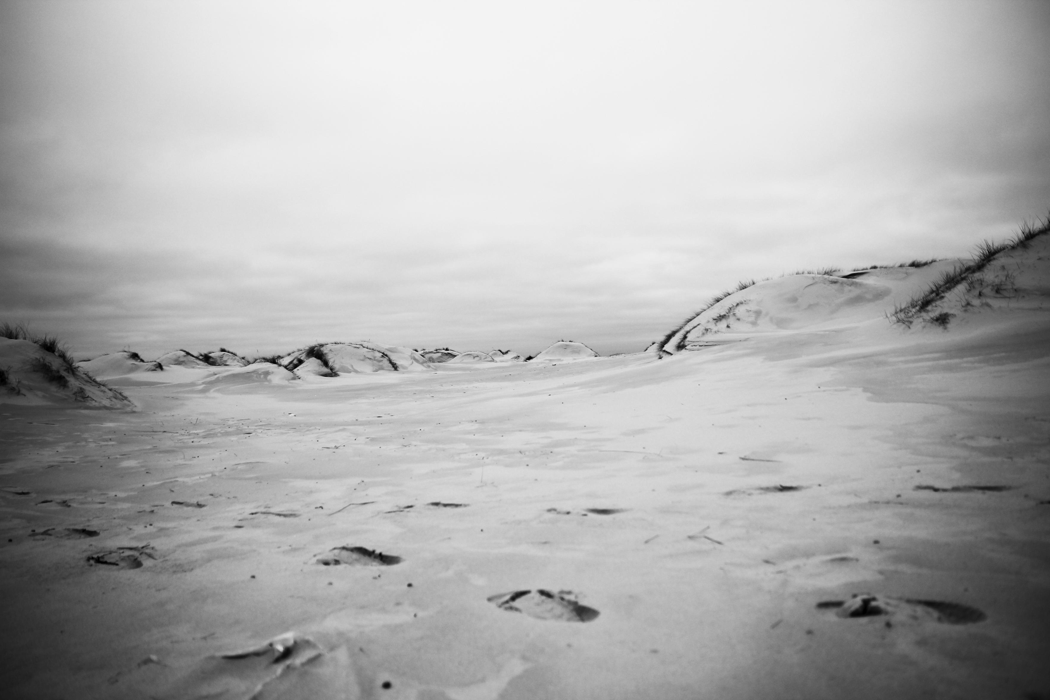 das bild zeigt eine weite dünenlandschaft in schwarzweiß. im vordergrund erkennt man flachen sand mit vereinzelten abdrücken, während sich im hintergrund sanfte sandhügel erheben, die teilweise mit spärlichem gras bewachsen sind. der himmel ist bewölkt und wirkt recht hell.