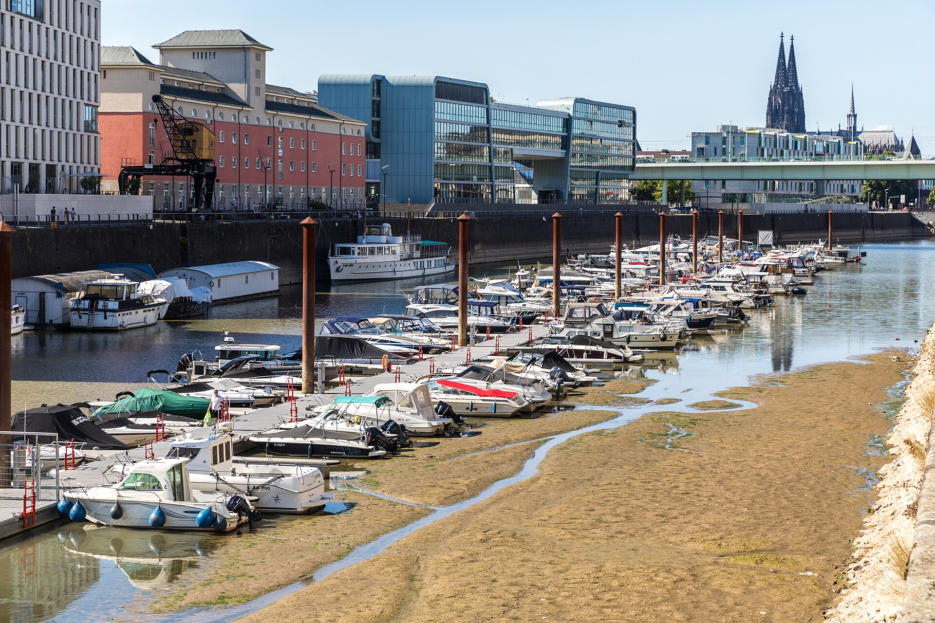 Marina im Rheinauhafen Köln. Die Boote liegen auf Grund des Niedrigwasser teilweise auf Grund.