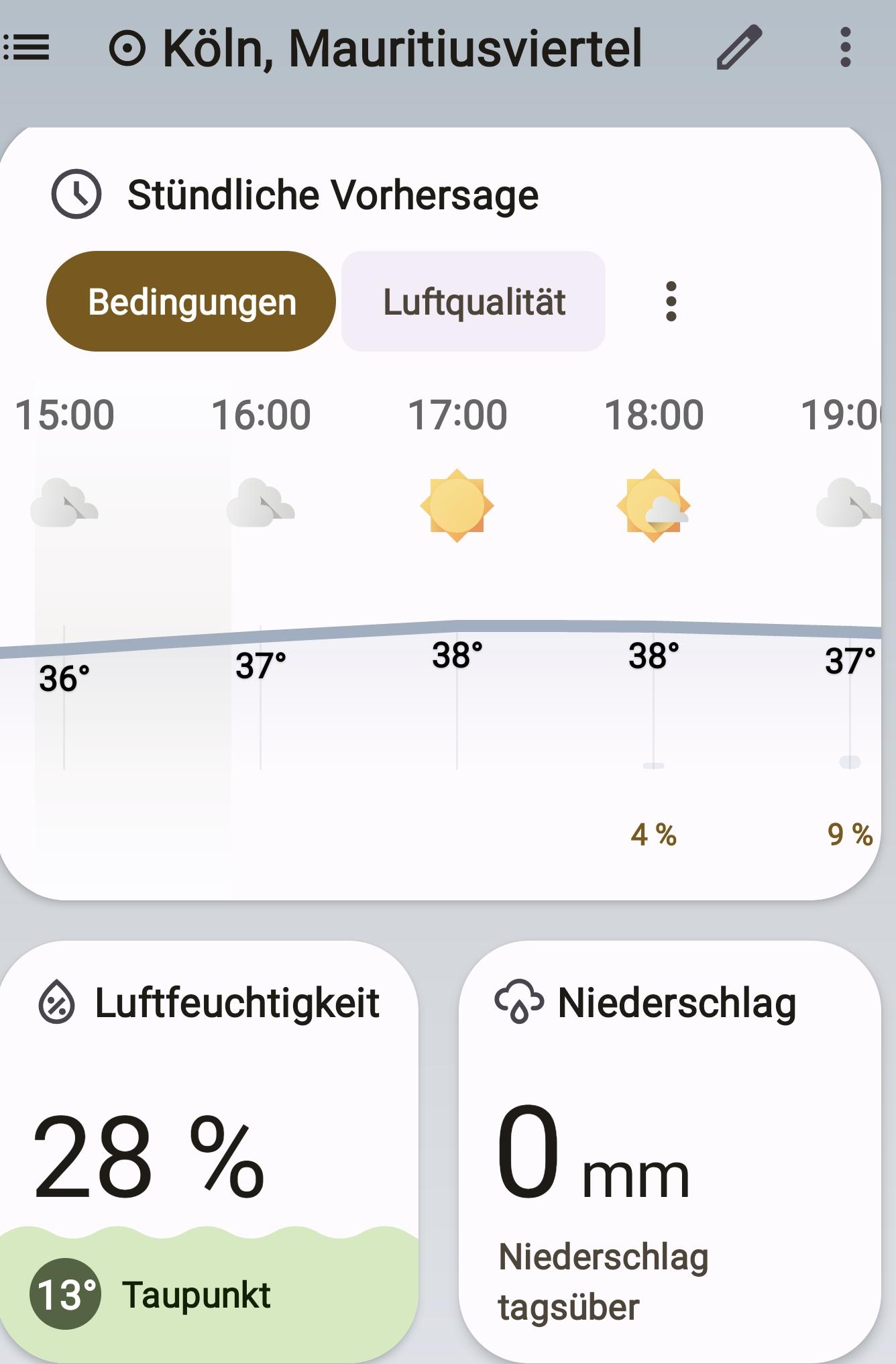 Screenshot meiner Breezy Weather App mit den Daten von diversen Wetterstationen über https://open-meteo.com/

Angezeigt wird der Temperaturverlauf ab 17:Uhr im Mauritiusviertel bei 38°C