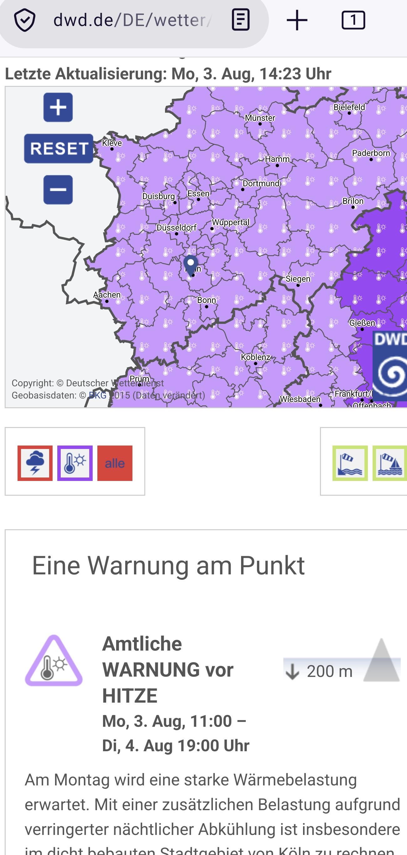 Screenshot der Warnseite des DWD mit Warnung vor Hitze im Westen und vor extremer Hitze im Osten